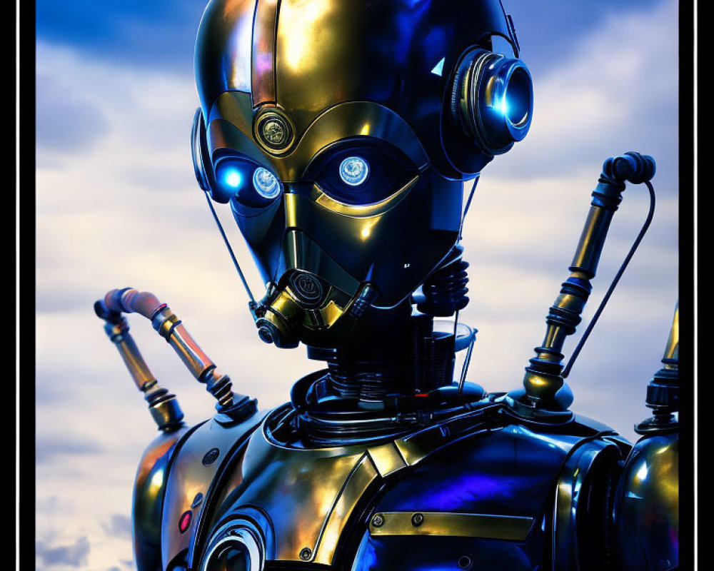 Shiny humanoid robot with blue light reflection on cloudy sky background