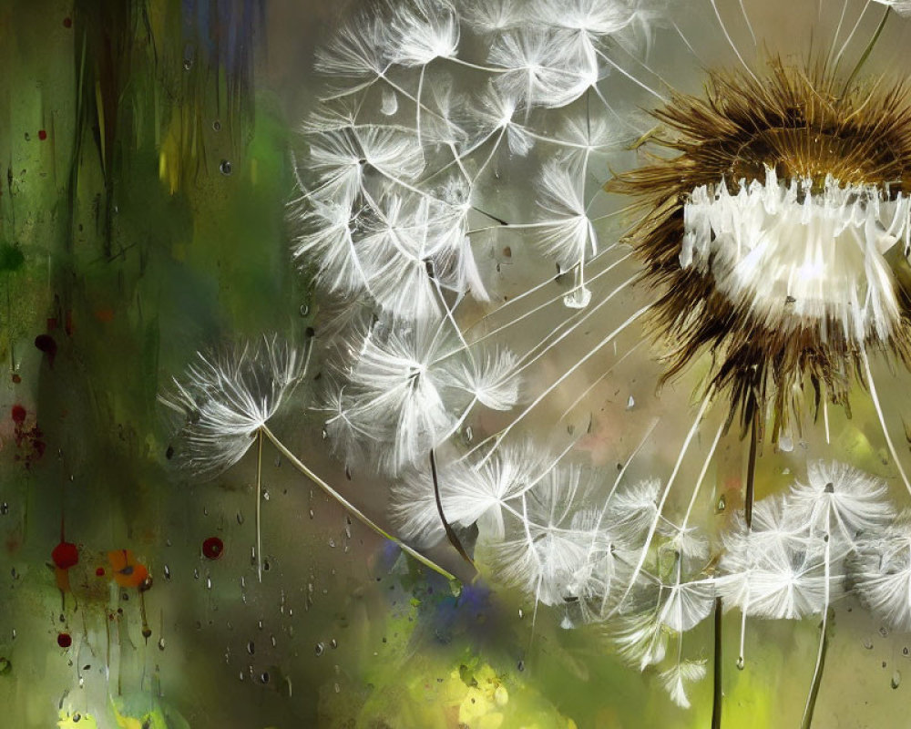 Dandelion seeds dispersing in misty, colorful backdrop