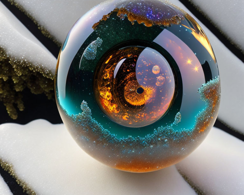 Shiny glass sphere on white surface with intricate golden pattern