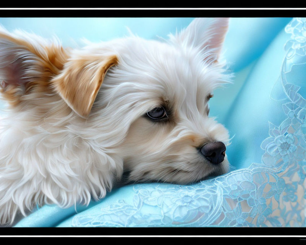 Fluffy white and tan dog on blue floral fabric, looking thoughtful