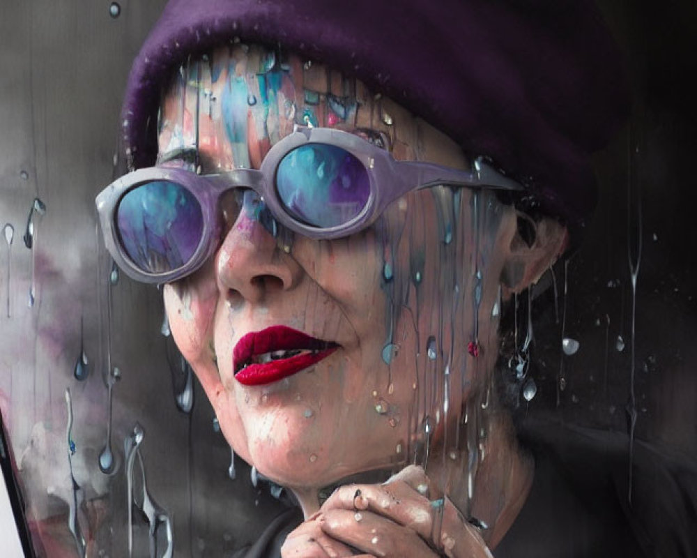 Woman in red lipstick and sunglasses wearing purple hat behind rain-streaked window