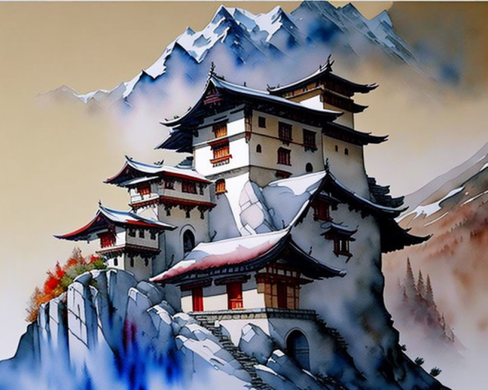 Traditional East Asian Painting: Pagoda in Snowy Mountains