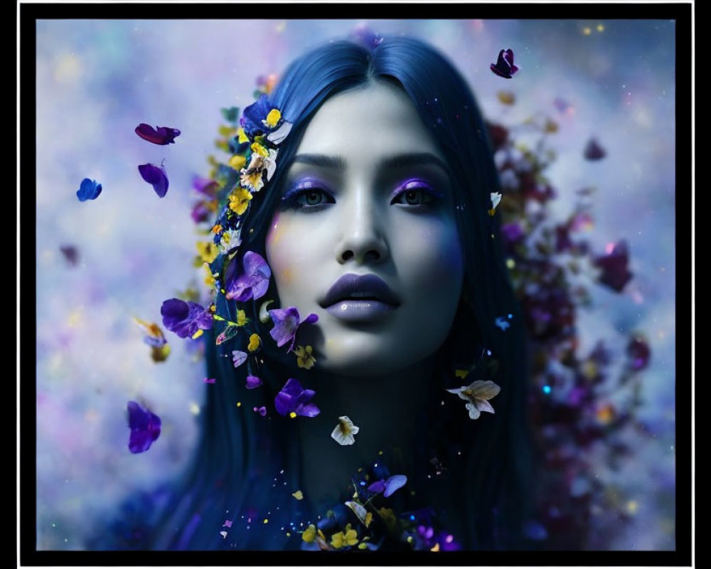 Woman with Blue Hair & Vibrant Makeup Surrounded by Flowers