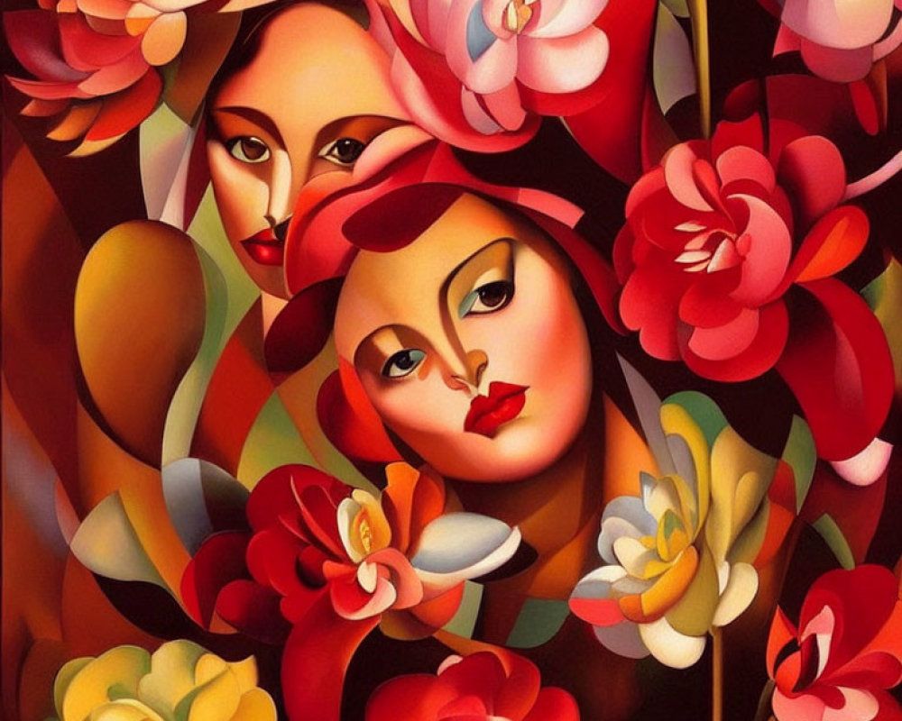 Colorful painting blending two women's faces with flowers on dark background