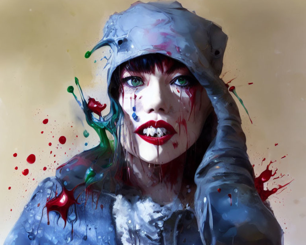 Stylized digital painting of woman in blue hood with vibrant paint splatters