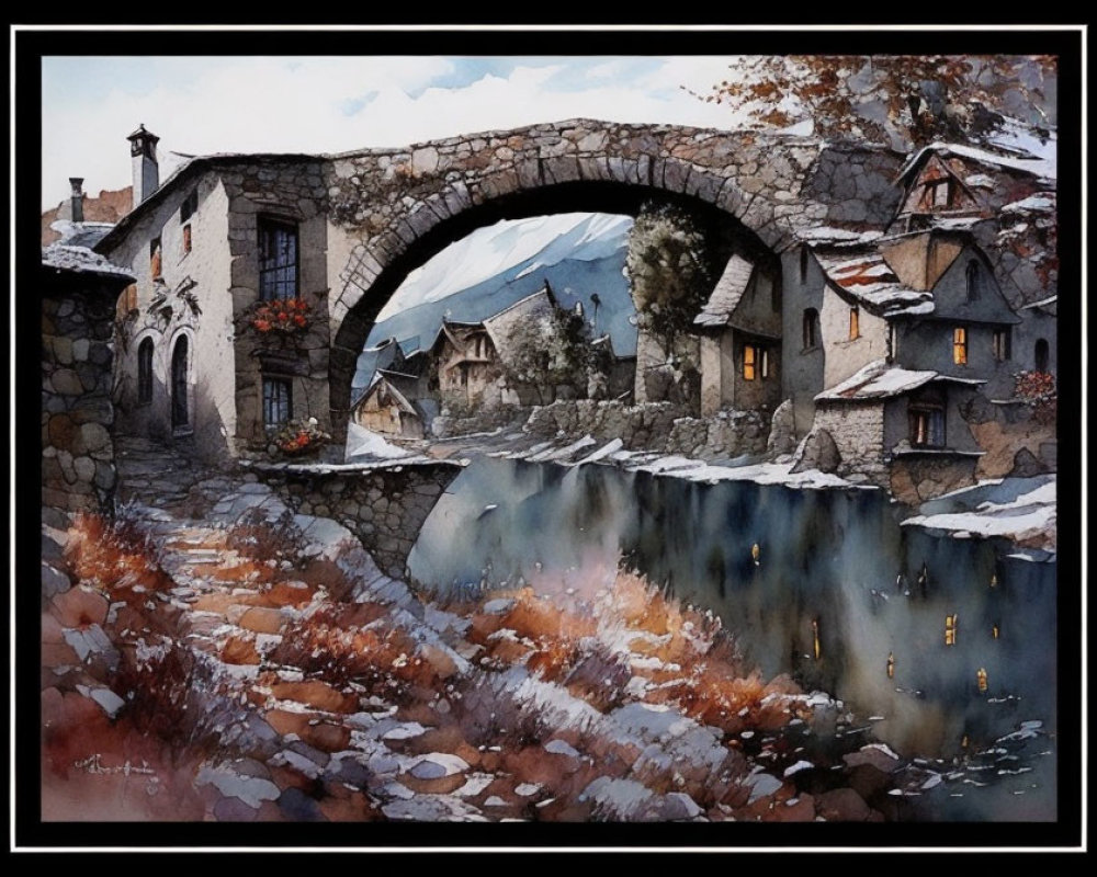 Scenic watercolor painting of stone bridge in rustic village