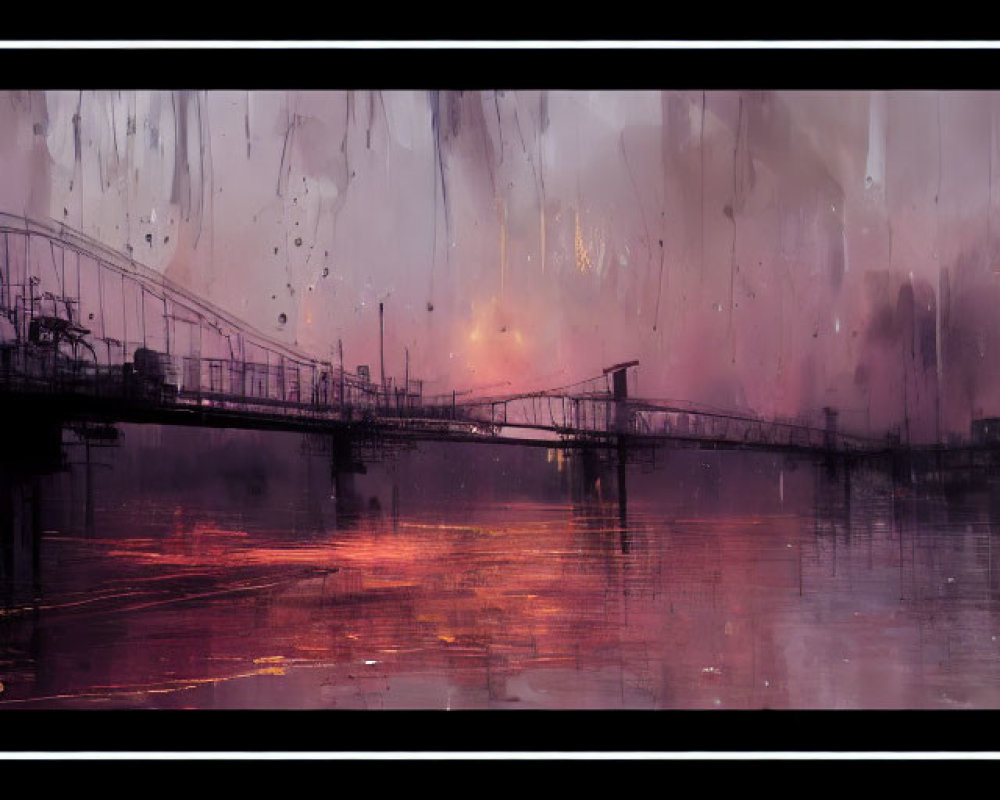 Vivid red and purple dusk industrial bridge scene digital painting