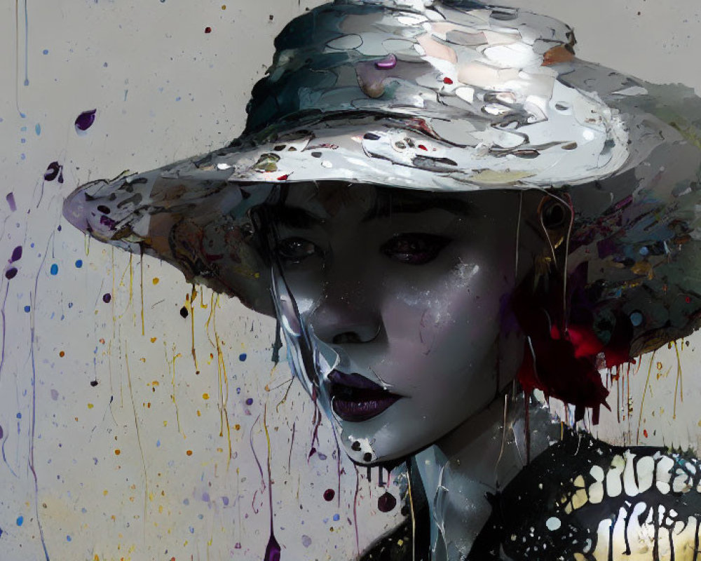 Digital painting of woman in melting silver hat with vibrant paint drips