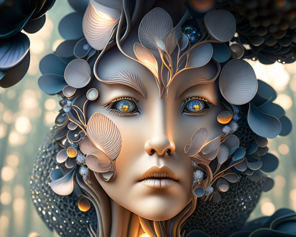 Digital artwork: Woman's face with floral patterns, intricate textures, golden eyes, natural elements.