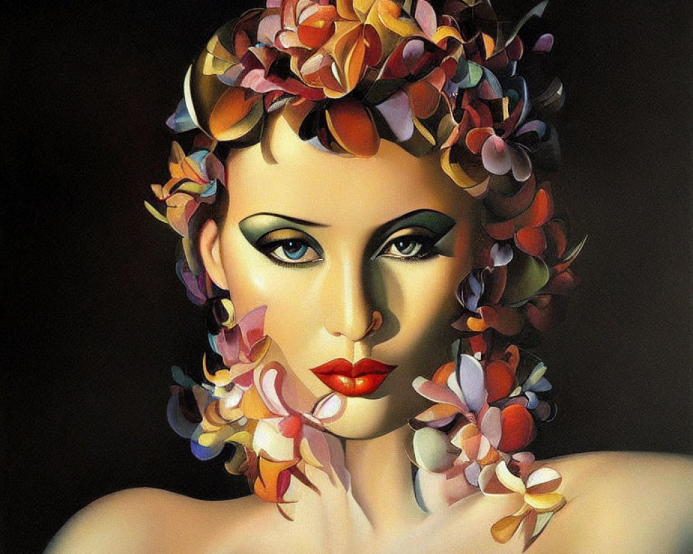 Portrait of woman with floral hairstyle and cascading petals on dark background