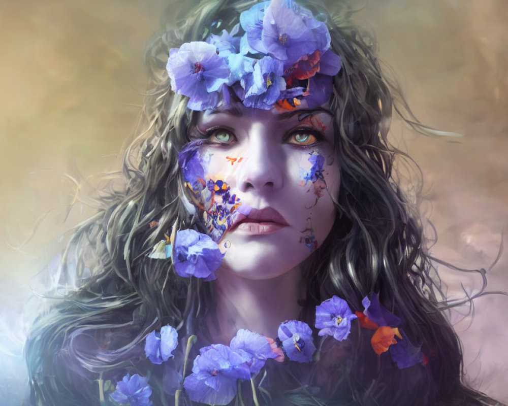 Whimsical digital painting of woman with flower adornments