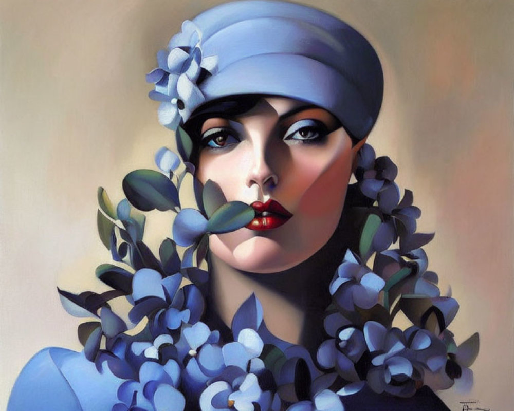 Stylized portrait of woman in blue hat with red lips surrounded by flowers