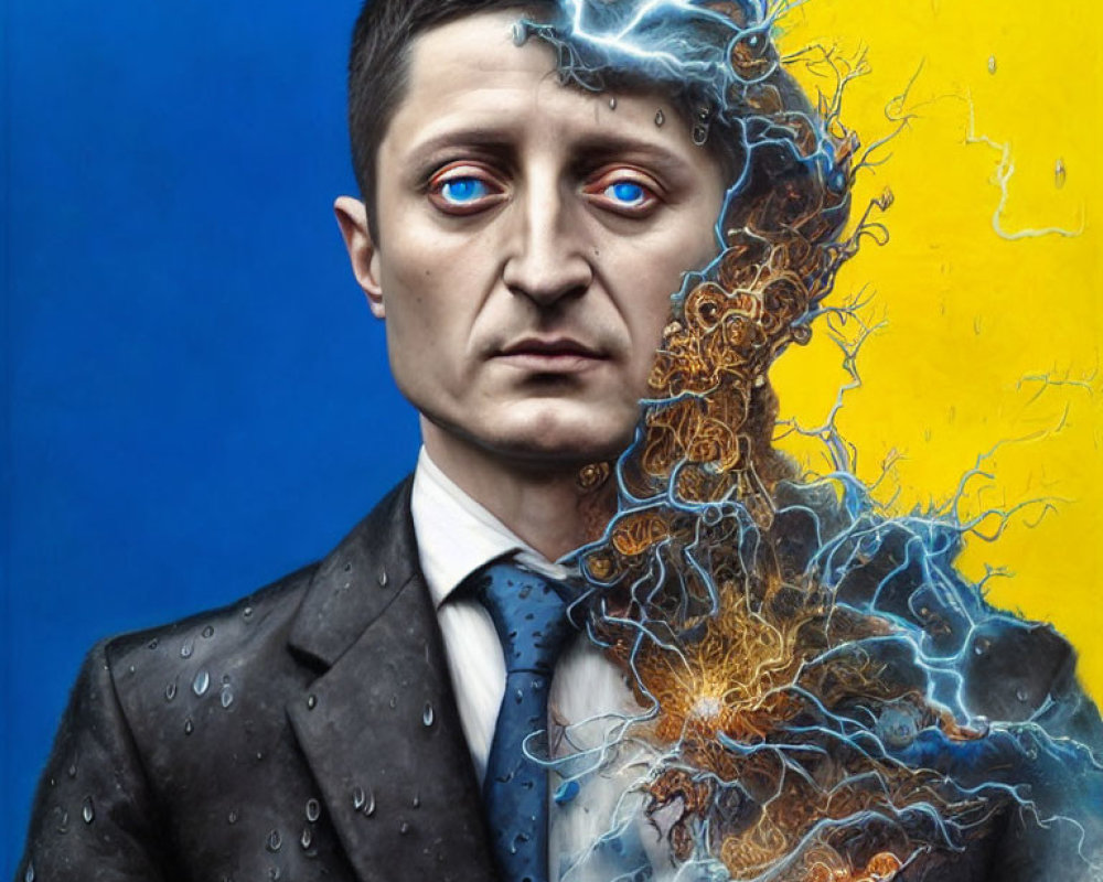 Hyperrealistic painting of man in suit with fiery energy form on face, blue and yellow background