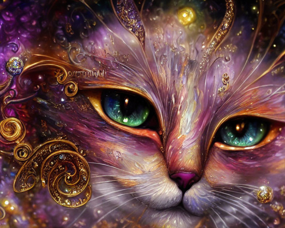 Vibrant cat with swirling patterns and green eyes on cosmic background