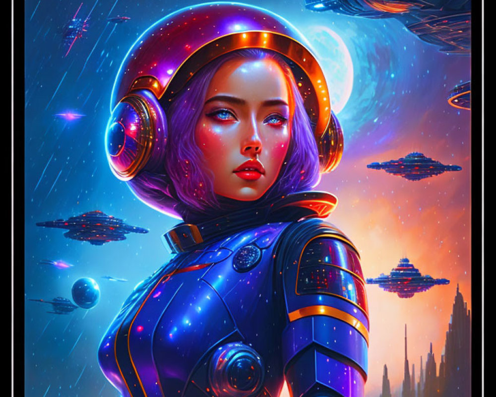 Female astronaut in futuristic suit with glowing helmet, surrounded by starships and distant planet