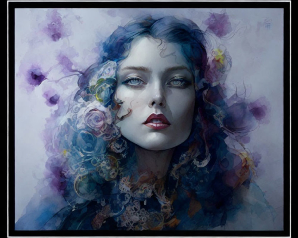 Blue-haired woman in digital painting with ethereal mist colors.