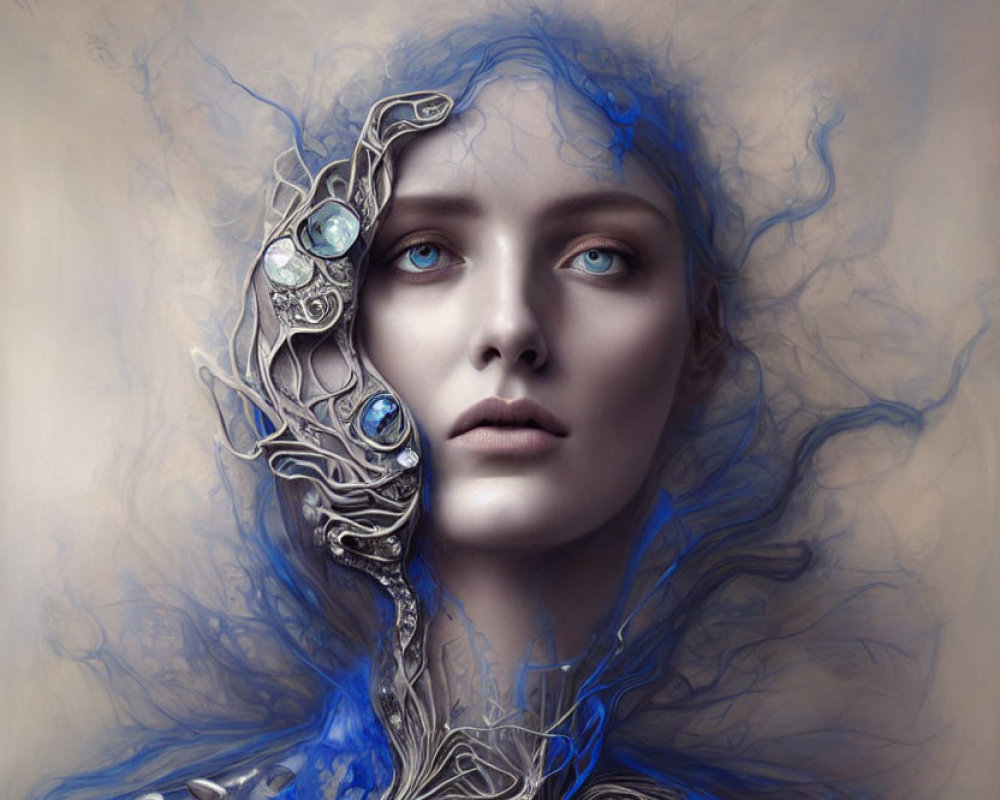 Portrait of a woman with flowing blue hair and metallic adornments.