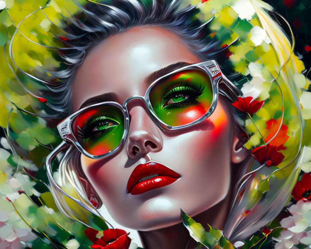 Colorful portrait of woman with stylized glasses and floral surroundings