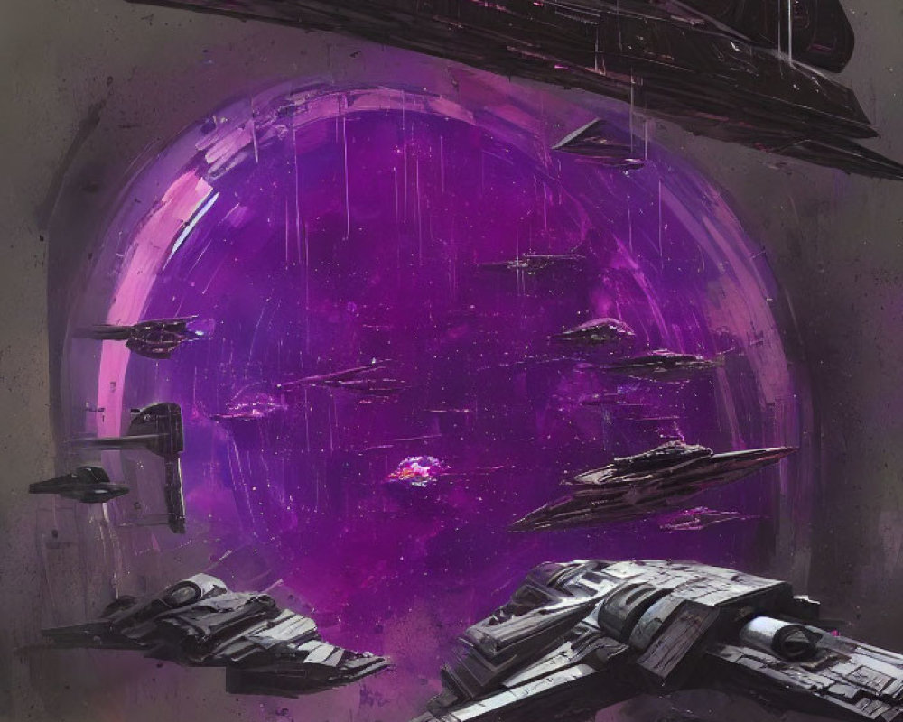 Futuristic spaceships near purple planetary shield in rain