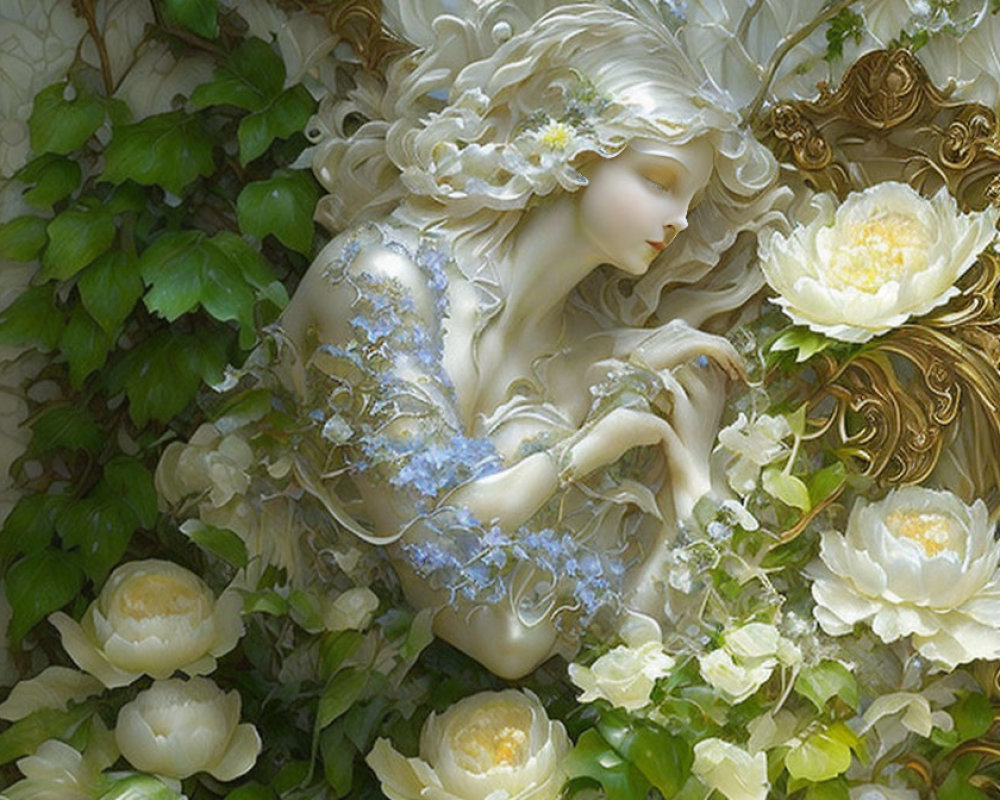 Fantasy Figure with Silver Hair in Floral Attire Among White Flowers