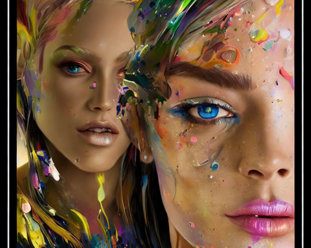 Dual portraits of woman with vibrant paint splashes and reflective effect