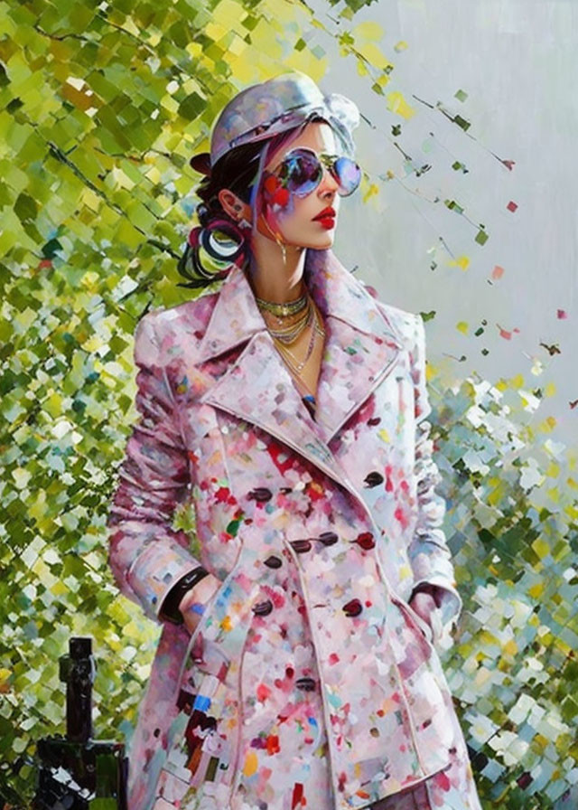 Fashionable Woman in Pink Trench Coat and Sunglasses on Abstract Green and Yellow Background