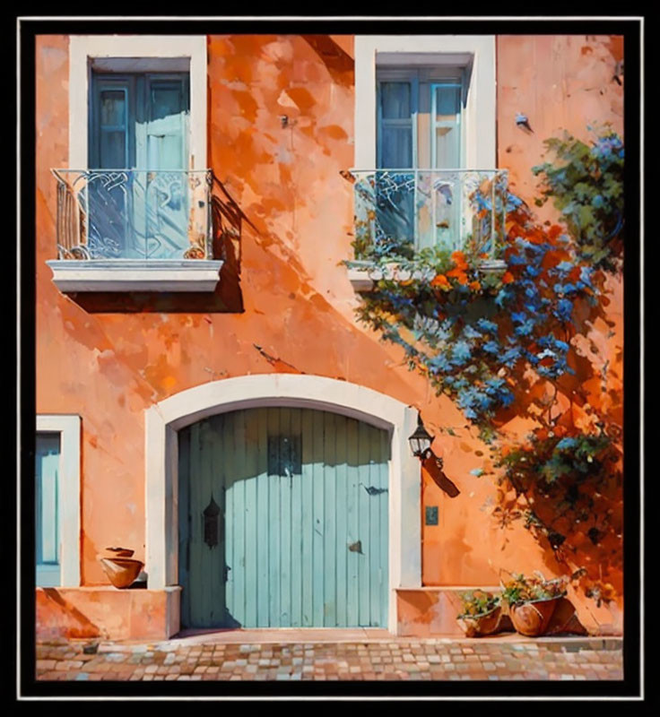 Colorful painting of orange building with blue door and white windows - plant by entrance