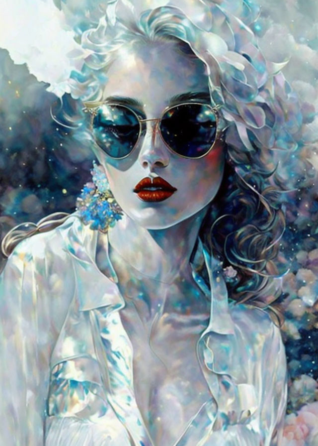 Illustrated woman with red lips in white outfit and sunglasses against celestial backdrop