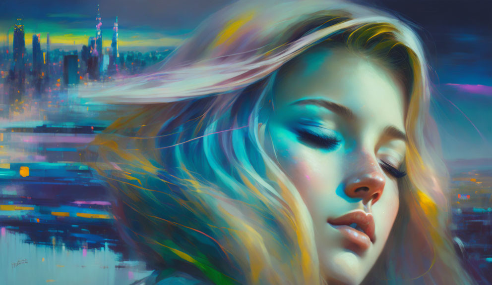 Serene woman with flowing hair in front of vibrant cityscape.