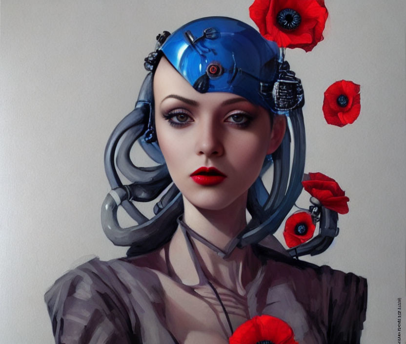 Futuristic digital art portrait of a woman with cybernetic enhancements and red poppies