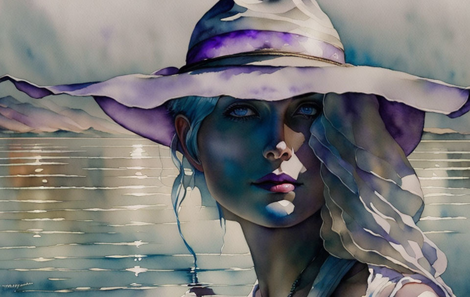 Blue-eyed woman in wide-brimmed hat: Watercolor portrait with water reflections