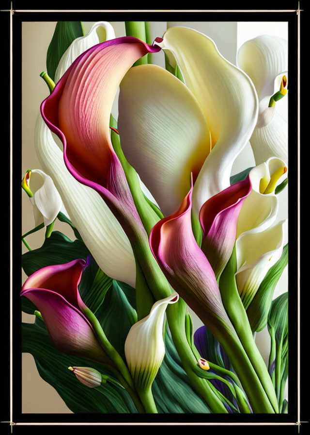 Colorful calla lilies and green leaves on dark background