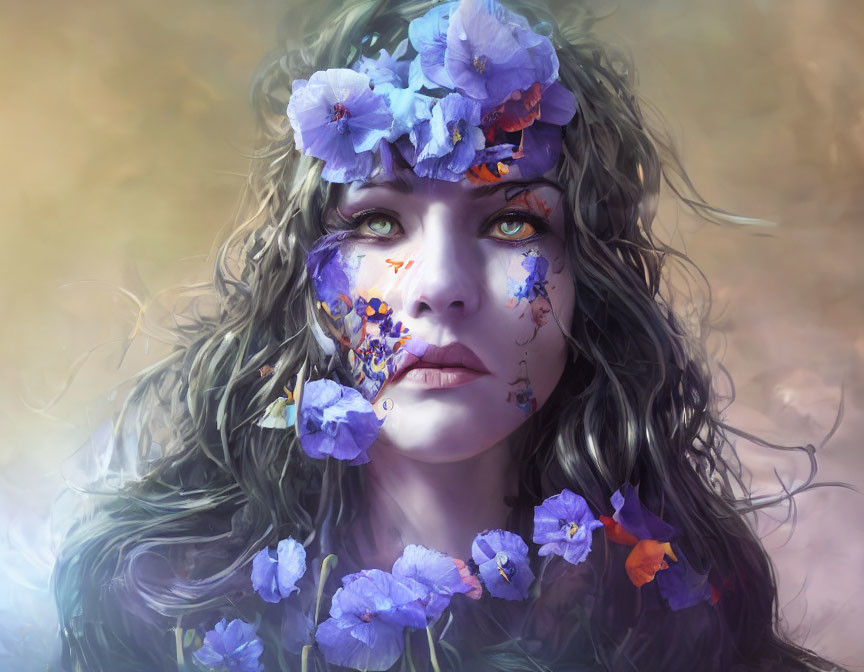 Whimsical digital painting of woman with flower adornments