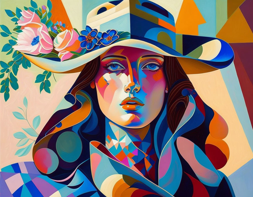 Colorful stylized portrait of woman with floral hat and geometric shapes