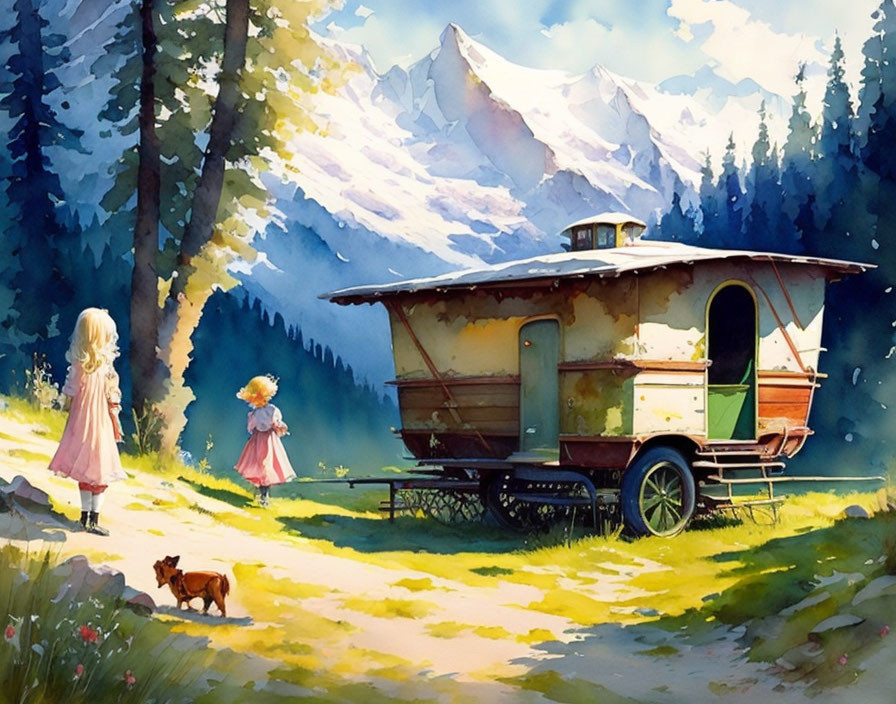 Children and dog near vintage caravan in serene forest