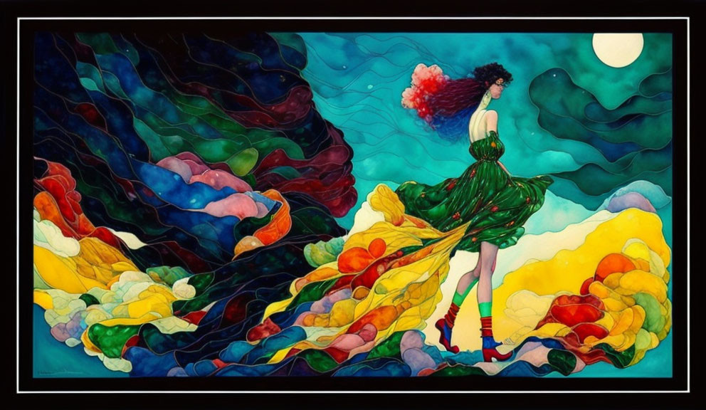 Colorful flowing dress woman painting under moonlit sky