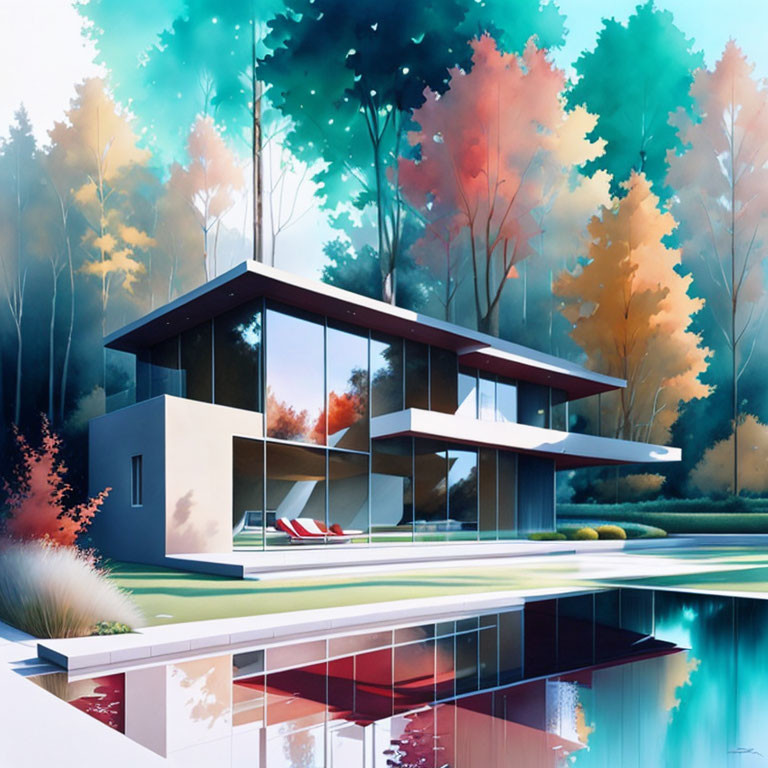 Geometric glass house amid autumn trees with reflecting pool.