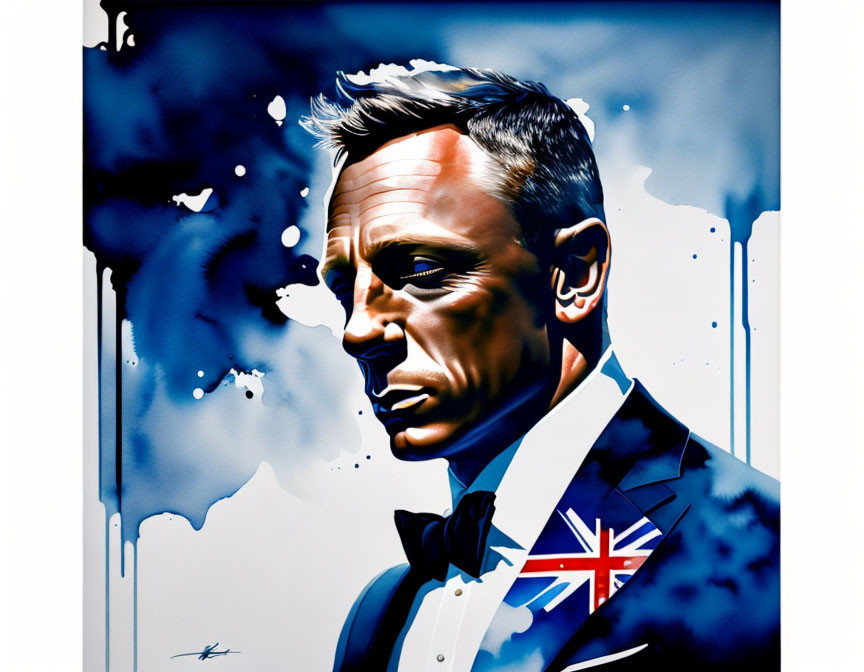 Colorful portrait of a man in suit with British flag backdrop and paint drips