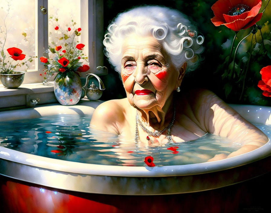 Elderly woman with white hair and red lipstick in flower-filled bath by sunny window