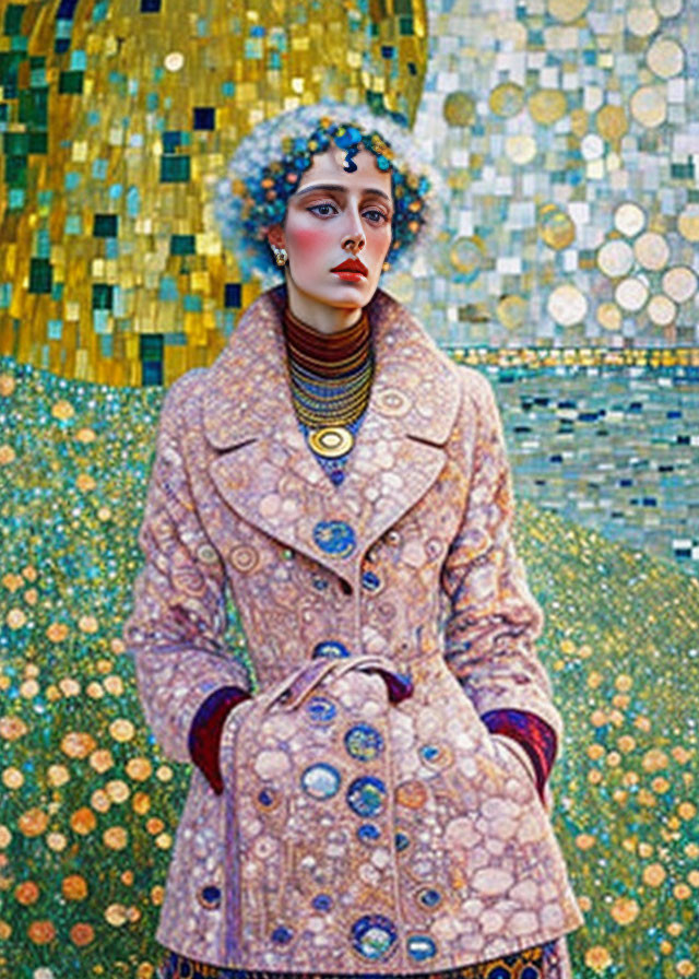 Detailed digital art: Woman in patterned coat with Klimt-inspired background