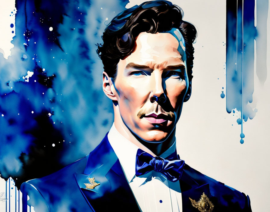 Colorful Artwork: Man in Blue Suit with Bow Tie and Paint Drips