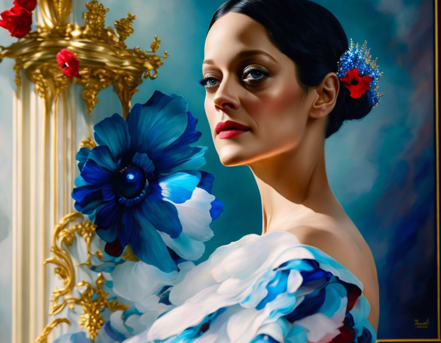 Stylized portrait of woman with blue flower, floral dress, and gold mirror frame