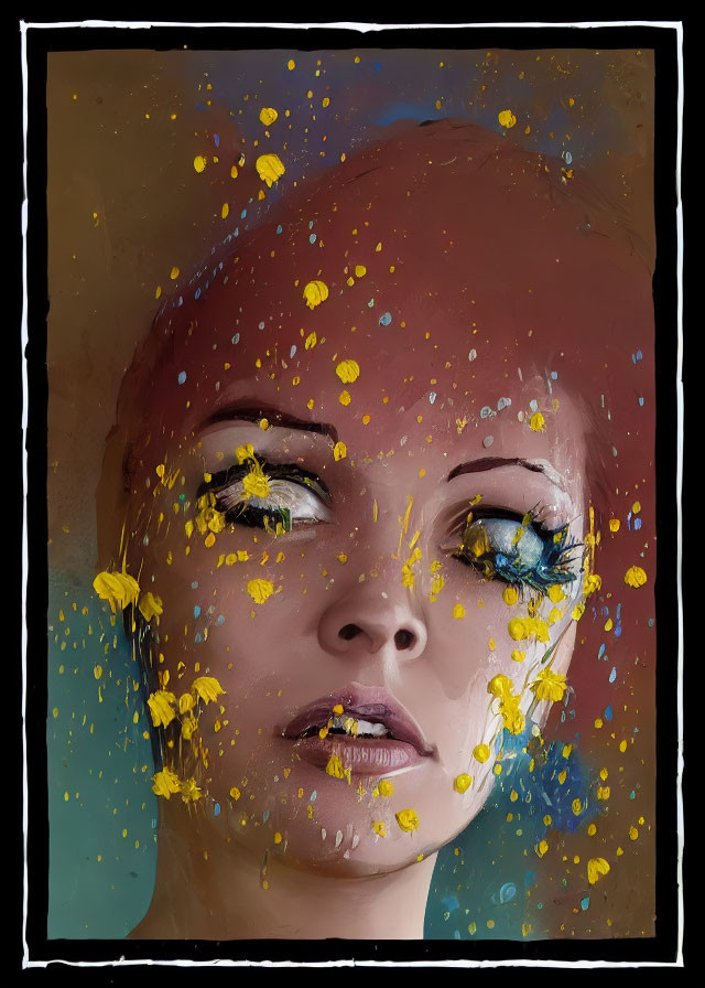 Abstract portrait of person with red hair and yellow splatters