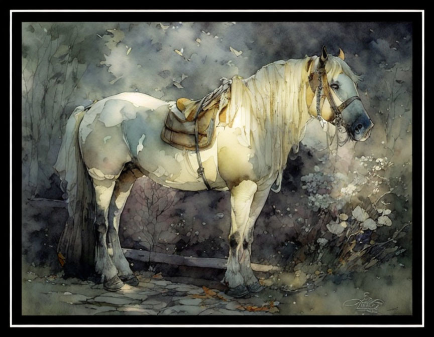 White Horse with Saddle in Dreamy Forest Watercolor Painting