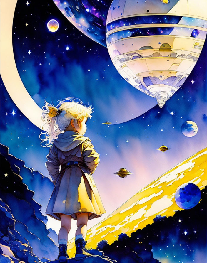 Young girl looking at fantastical night sky with planets, spaceships, and crescent moon.