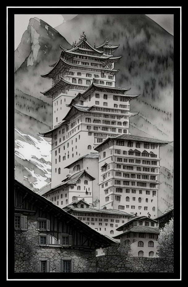 Traditional multi-tiered pagoda in monochrome mountain landscape