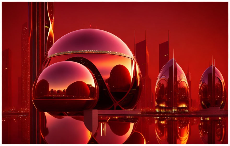 Futuristic spherical structures in urban landscape with red sky reflection