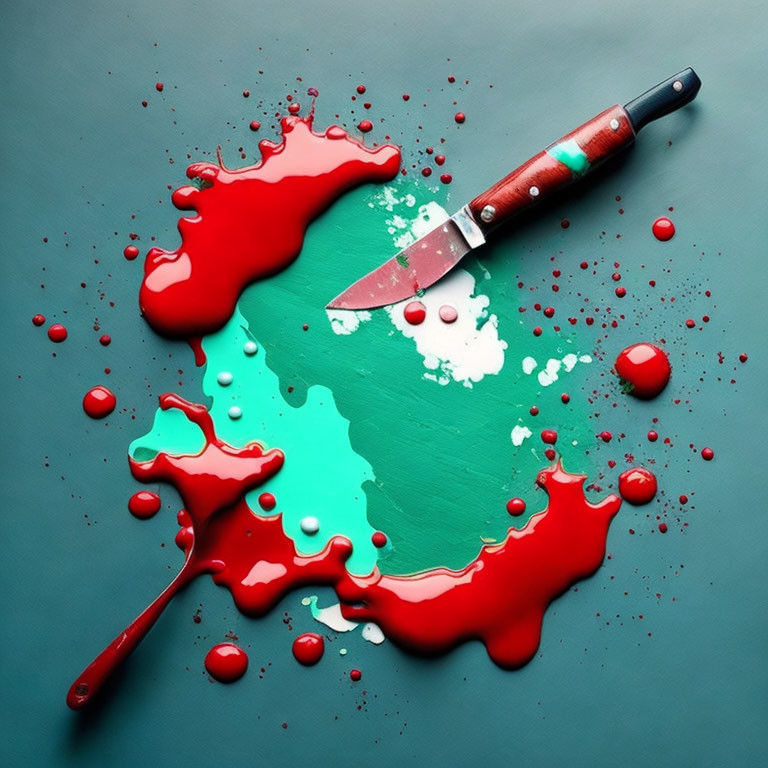 Vibrant red and teal paint splatter with kitchen knife on grey background