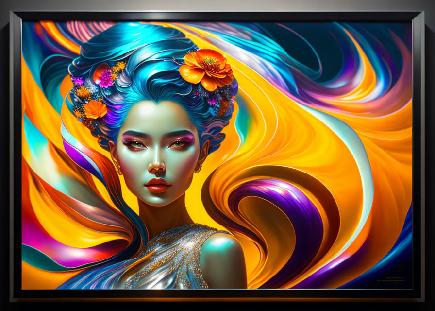 Colorful Stylized Woman with Swirling Hair and Flowers Art Displayed on Wall