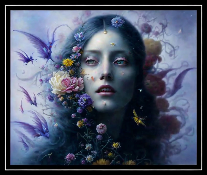 Surreal portrait of woman with flowers and butterflies in blue and purple palette